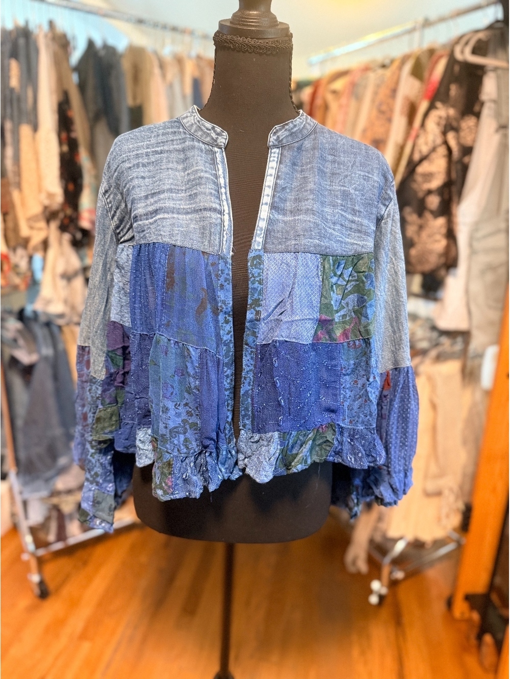 YOUNG THREADS Floral Denim Patchwork Cropped Jacket Indigo NWT M